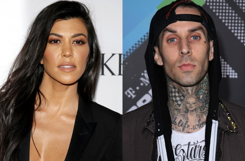 Side by side photos, Kourtney Kardashian on the left, Travis Barker on the right