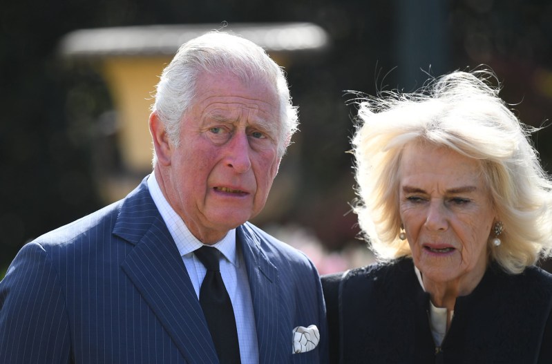 Prince Charles and Camilla Parker Bowles looking distraught.