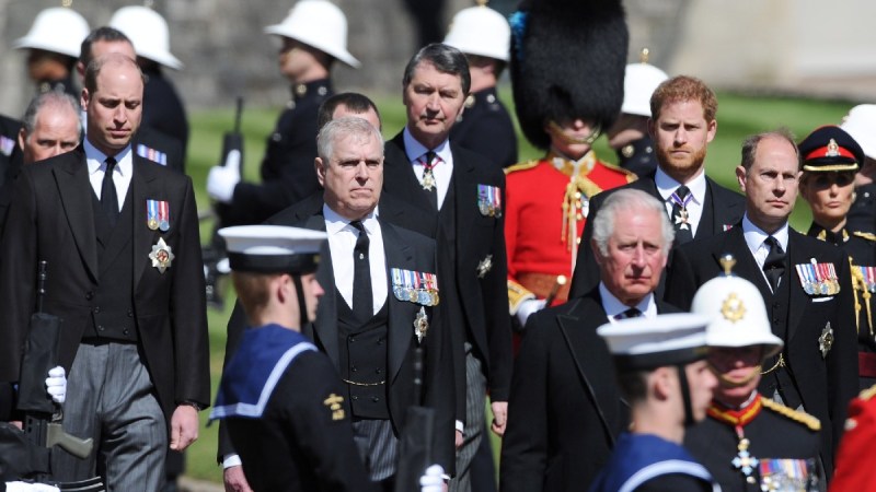 Princes William, Andrew, Charles, and Harry march at Prince Philip's funeral
