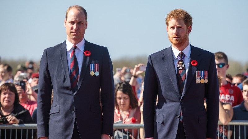 Prince William, left, and Prince Harry, right, stand together at the centenary service to commemorate the battle of Vimy Ridge