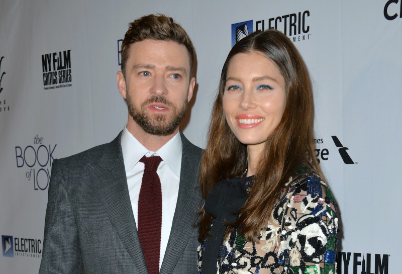 Justin Timberlake in a suit with wife Jessica Biel in a dress