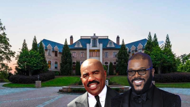 A photo of an Atlanta mansion overlayed with images of Steve Harvey and Tyler Perry