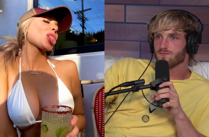 Side by side picture: On the left Alex Cooper in a white bikini sticking her tongue out, and on the right, Logan Paul with a microphone wearing a yellow shirt.
