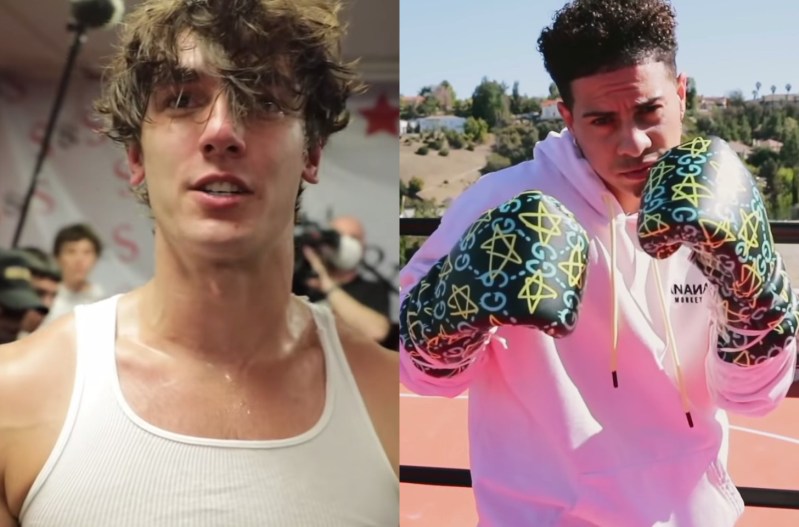 Side by side pictures of Bryce Hall in a white tank top and Austin McBroom in a pink hoodie with black boxing gloves.