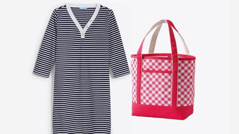 Two product images side by side of a striped v-neck tee shirt dress and a red and white open tote back from the Draper James x Lands' End exclusive collection.