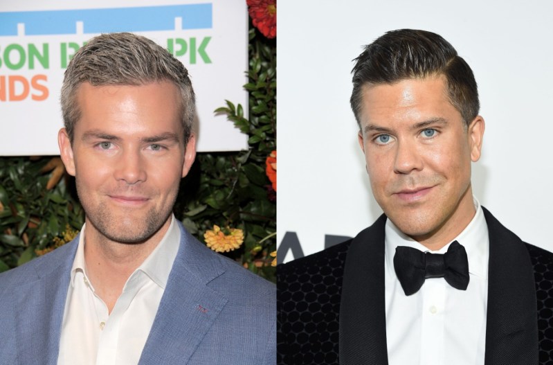 Side by side pictures: On the left, Ryan Serhant is smiling and wearing a blue suit. On the right, Fredrik Eklund is wearing a black tuxedo.