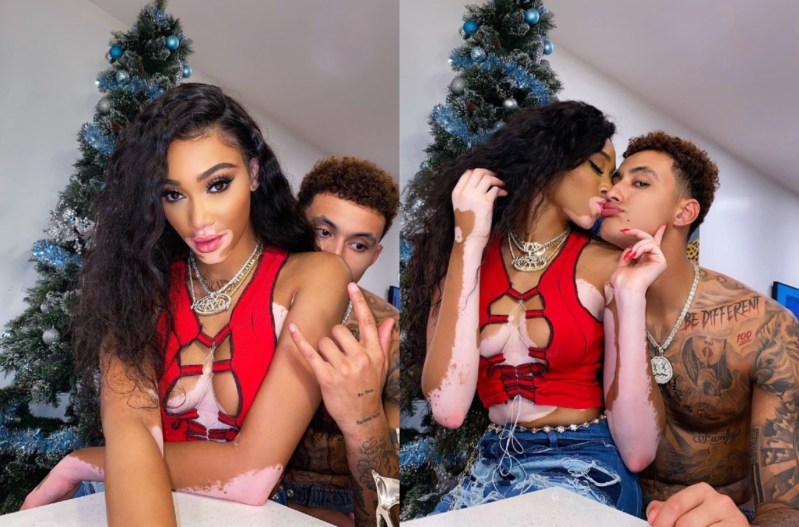 Side by side pictures of Kyle Kuzma and girlfriend Winnie Harlow. On the left, the two are looking into the camera, and on the right, they're sharing a kiss.
