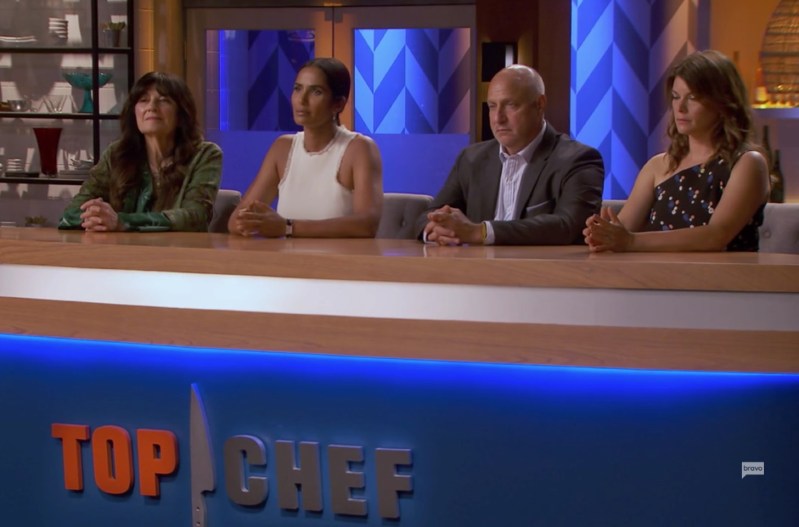 Padma Lakshmi and the other judges on the set of 'Top Chef.'