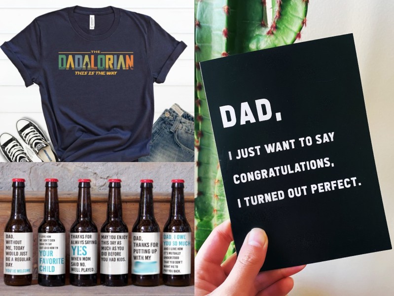 Collage of Father's Day gifts, including a funny t-shirt, beer bottle labels, and a card.