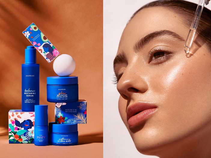 Side by side images of AAVRANI products and a model applying serum to her skin.