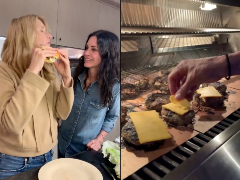 Side by side images from Courteney Cox's Instagram video of Laura Dern enjoying the turkey burger with Courtney smiling next to her and the burgers on the grill.