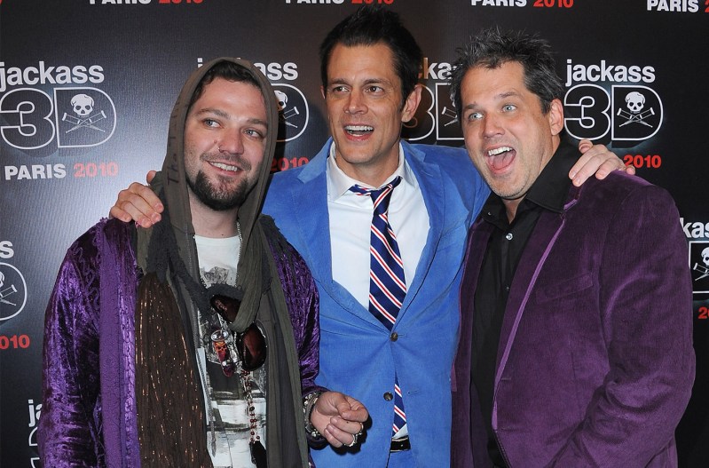 From left to right, Bam Margera, Johnny Knoxville, Jeff Tremaine at the Jackass 3D premiere