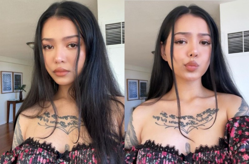 Side by side pictures of Bella Poarch in a floral blouse.