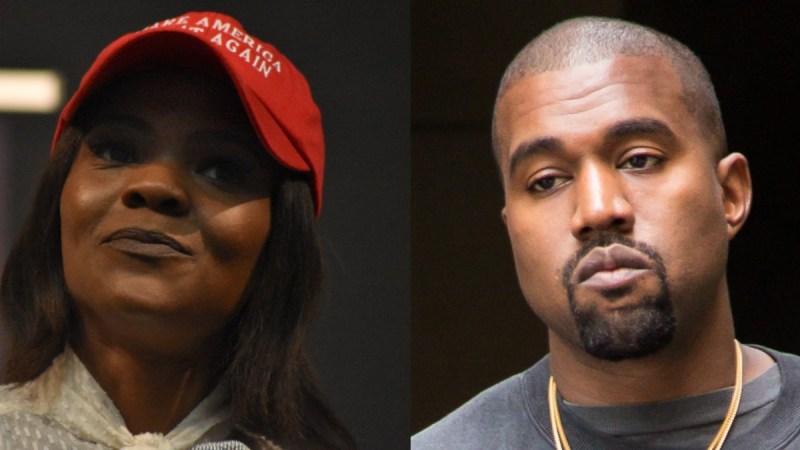 Candace Owens wears a red MAGA cap (right). Kanye West walks outdoors in a black sweatshirt (left)