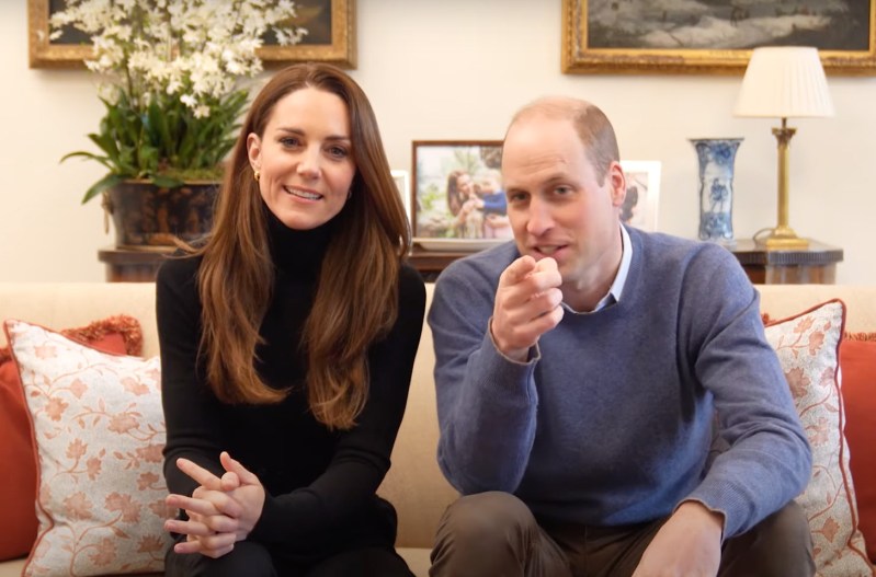 Screenshot from Prince William and Kate Middleton's first video on YouTube, with the couple sitting on a couch