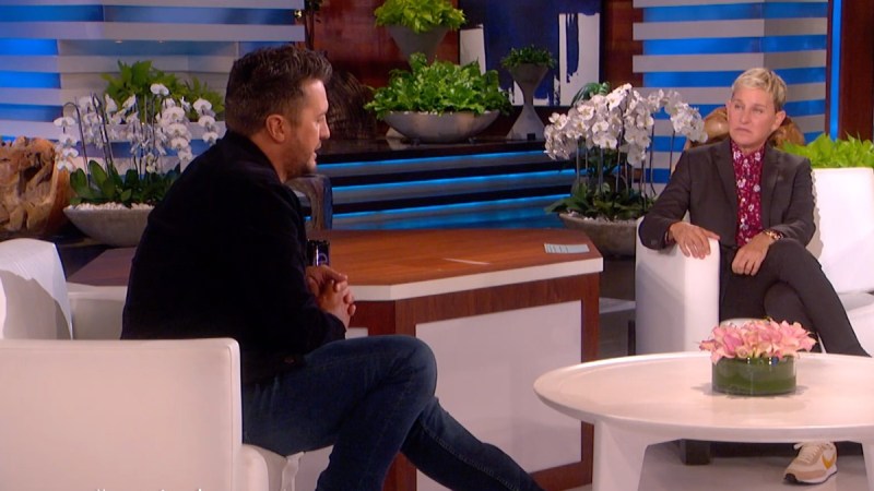 Luke Bryan and Ellen DeGeneres talk together on the set of The Ellen Show