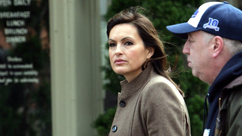 Mariska Hargitay wears a beige coat on the set of Law & Order: SVU