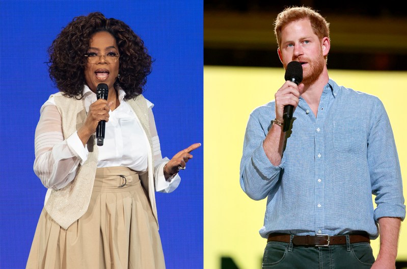 Side by side photos, Oprah Winfrey holding a microphone on the left, Prince Harry holding a microphone on the right.
