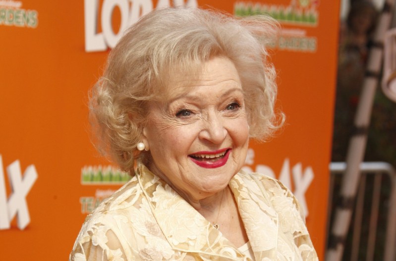 Betty White in 2012 wearing a white dress at the premiere of 'The Lorax.'