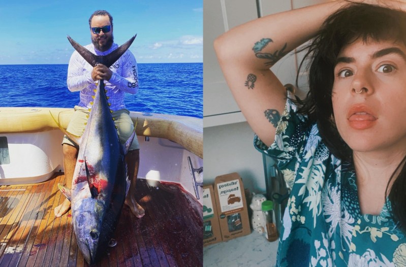Side by side pictures of Connor and Bella Cruise. Connor is on a boat holding a huge fish. Bella is on the right wearing a blue shirt sticking her tongue out.