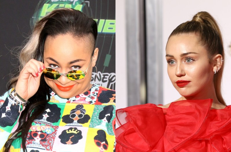 Side by side images of Raven-Symoné in a graphic sweater looking over her sunglasses; on the right, Miley Cyrus is wearing a red tulle dress.