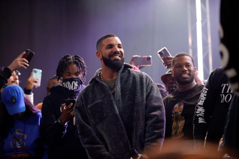 LONG BEACH, CALIFORNIA - OCTOBER 30: Drake speaks onstage during Drake's Till Death Do Us Part rap battle on October 30, 2021 in Long Beach, California.