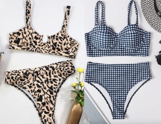 A leopard print swim suit on the left with a blue and white gingham swimsuit on the right.
