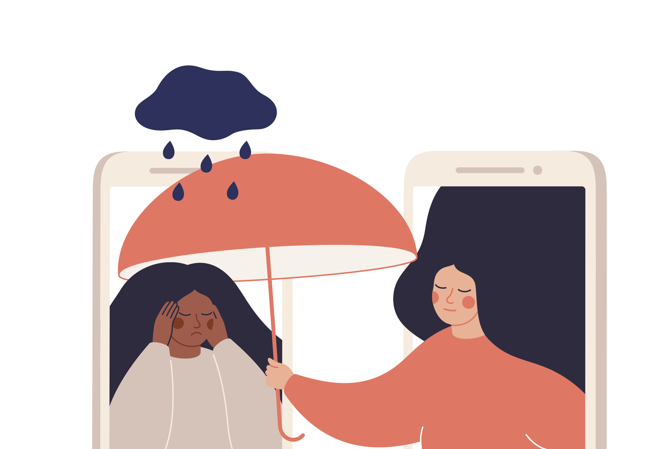 Drawing of one woman holding an umbrella through a phone screen to a crying woman to represent telehealth therapy.
