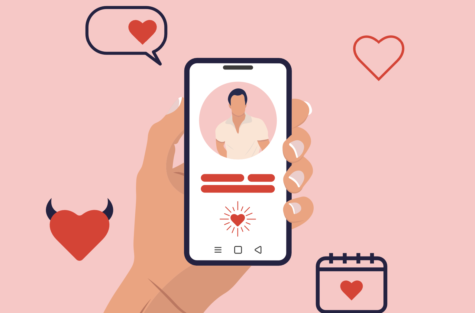 Image of a woman holding up a cartoon phone with a man on the screen.