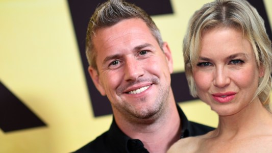 A photo of Ant Anstead on the red carpet with a separate cutout image of Renee Zellweger layered on top