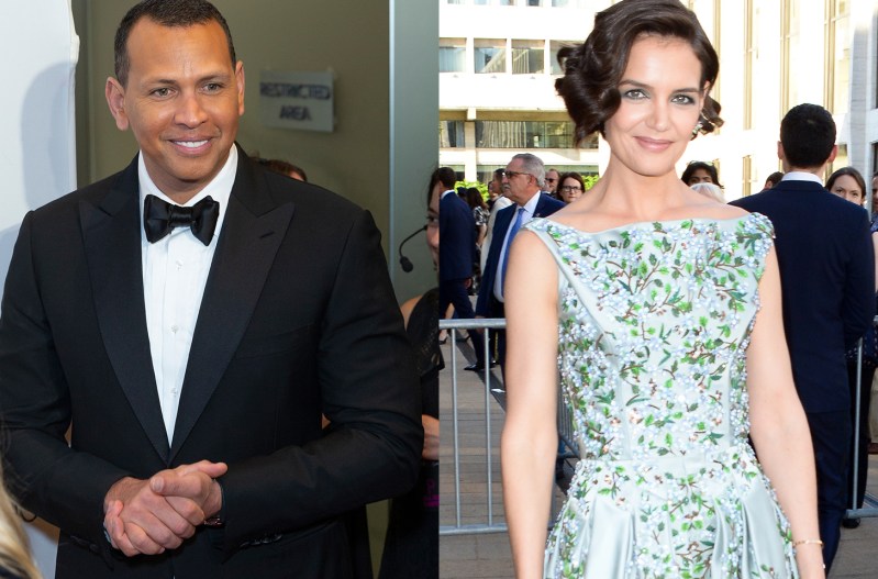 Side by side photos of Alex Rodriguez on the left in a tux and Katie Holmes on the right in a floral dress