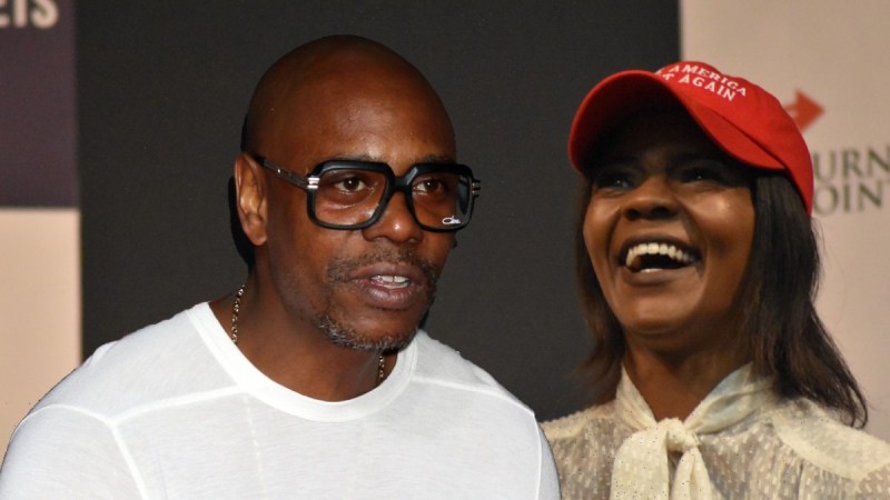 A photo of Dave Chappelle wearing a white shirt over a photo of Candace Owens at a politcal event