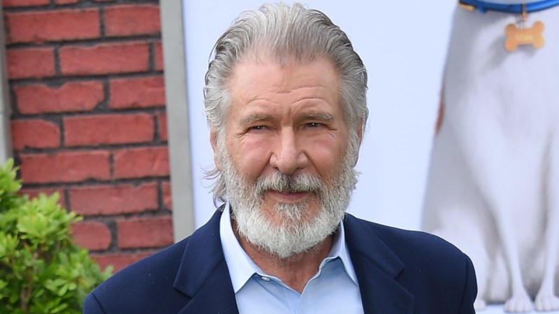 Harrison Ford wears a dark blue suit jacket to a movie premiere