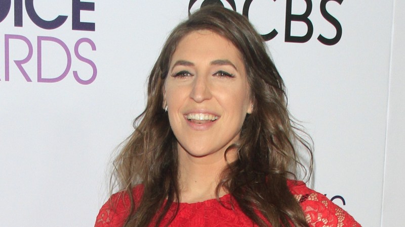 Mayim Bialik wears a red dress against a white background on the red carpet
