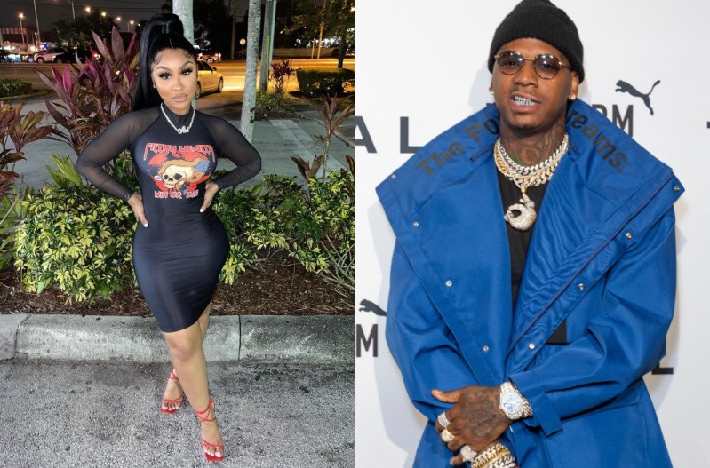 Side by side pictures: Ari Fletcher on the left in a black dress; Moneybagg Yo on the right in a blue coat.