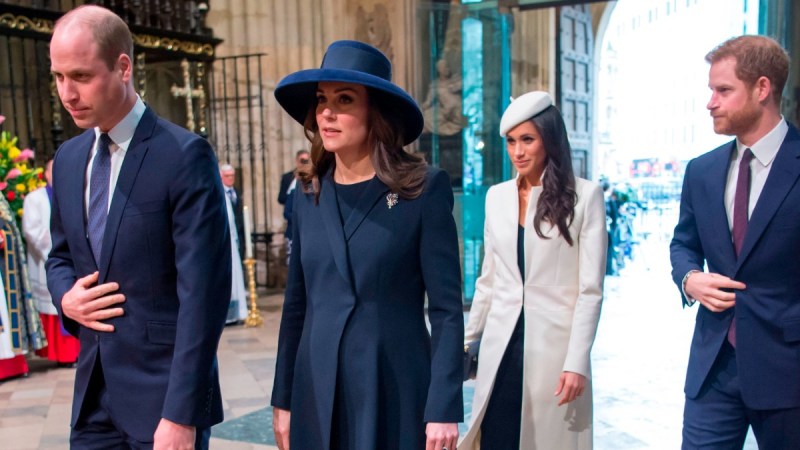 Prince William, Kate Middleton, Meghan Markle, and Prince Harry walk inside a church