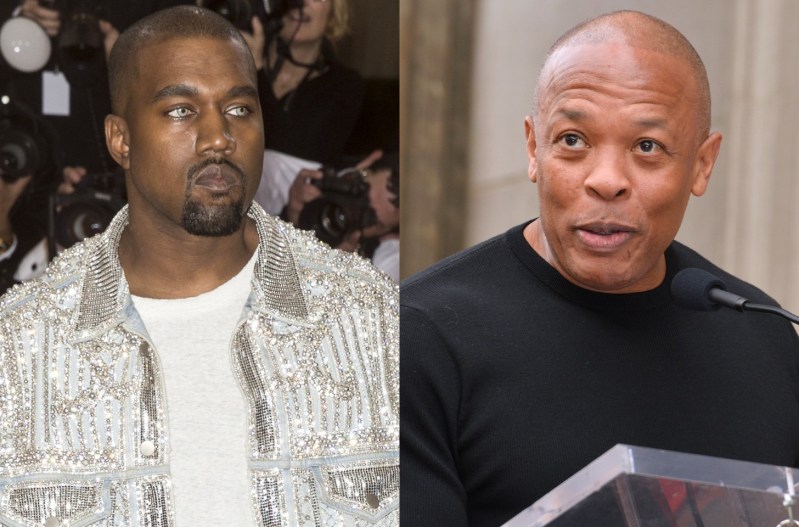Side by side pictures of Kanye West and Dr. Dre. On the left, Kanye West is wearing a shimmery jacket, and on the right, Dr. Dre is wearing a black sweater while speaking into a microphone.