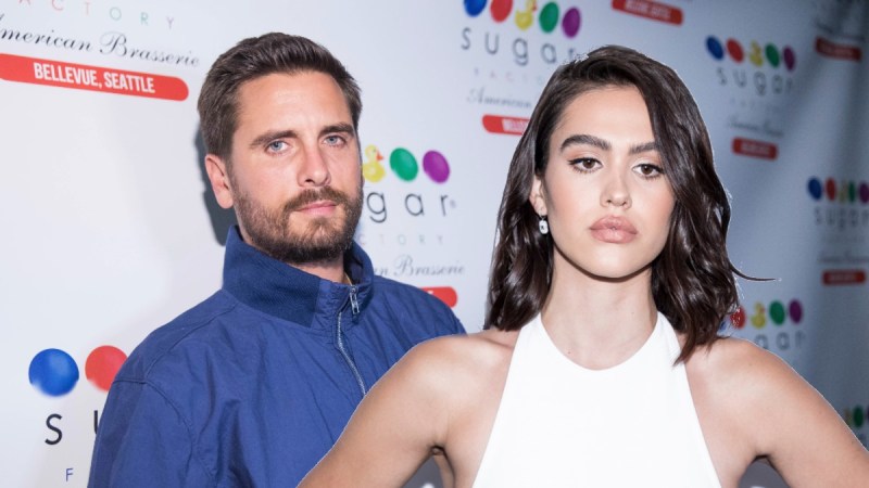 Background: Scott Disick leans against a white backdrop. Foreground: Amelia Hamlin wears a white dress