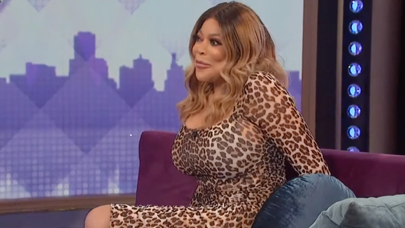 Wendy Wiliams reclines seductively on a couch while wearing a leopard print dress during the Wendy Williams Show