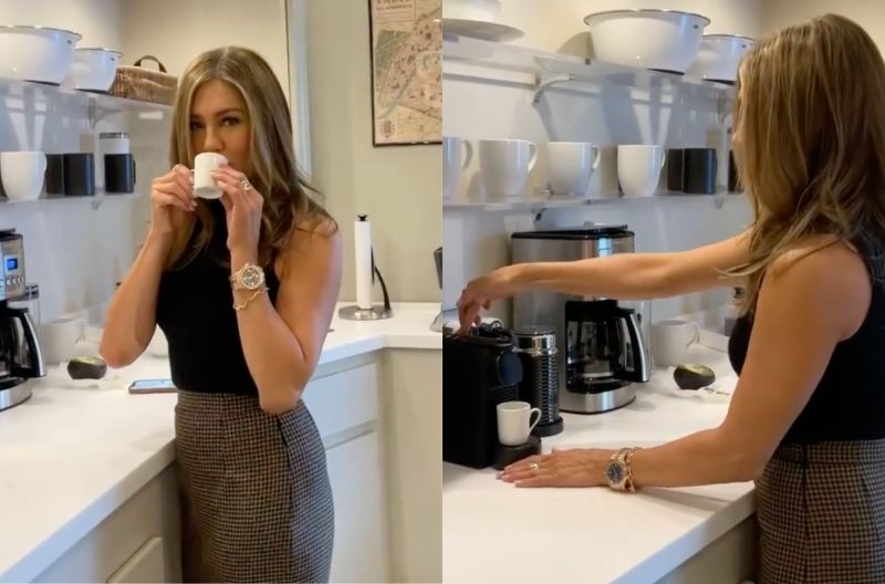 Image of Jennifer Aniston drinking her coffee.