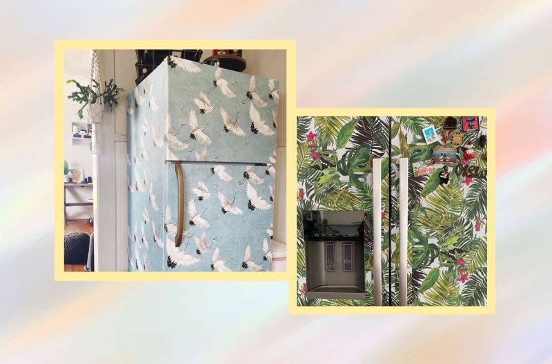 Image of two wallpapered fridges.