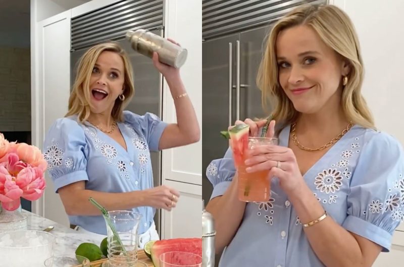 Reese Witherspoon making her watermelon margarita.