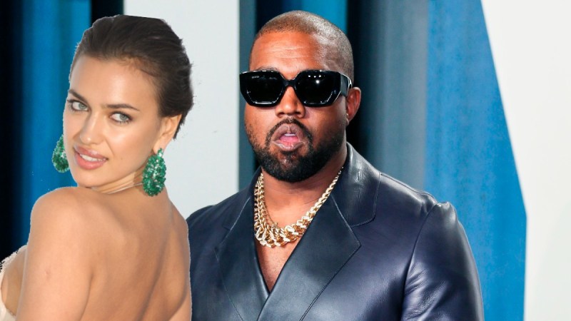 A cutout of Irina Shayk wearing a backless gown laid over an image of Kanye West wearing a black leather suit