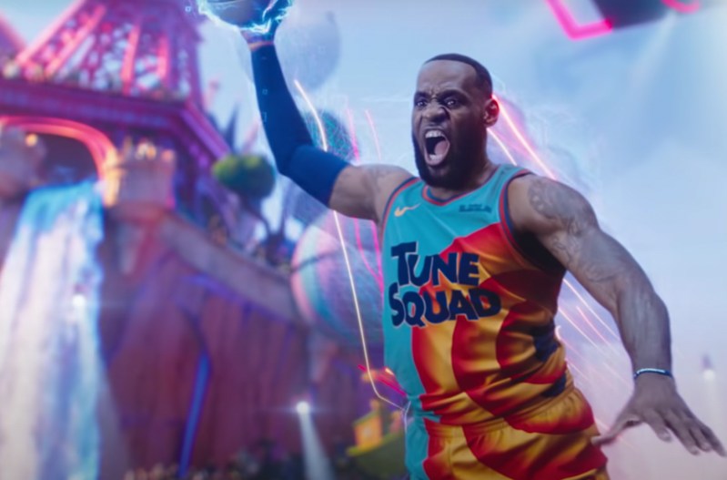 Screen shot from Space Jam 2, LeBron James dunking.