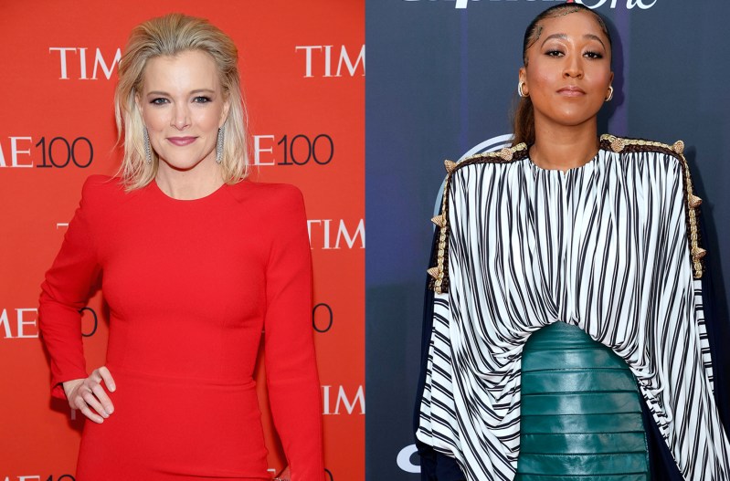 Side-by-side photos. Megyn Kelly in red on the left, Naomi Osaka in zebra print on the right.