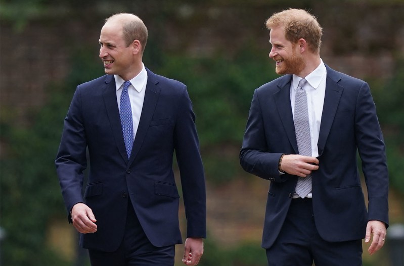 Prince William (Left), smiling and walking with a smiling Prince Harry