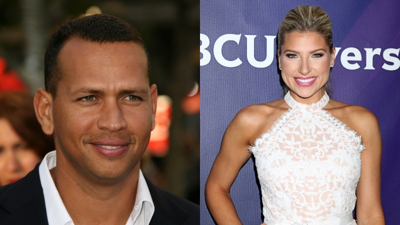 (s_bukley/Kathy Hutchins/Shutterstock.com) Alex Rodriguez wearing suit and Melanie Collins smiling in white dress