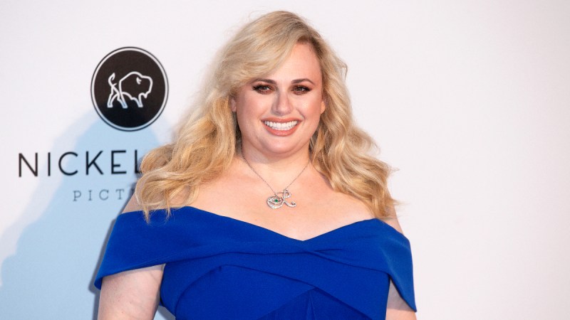 Rebel Wilson smiles in a blue dress