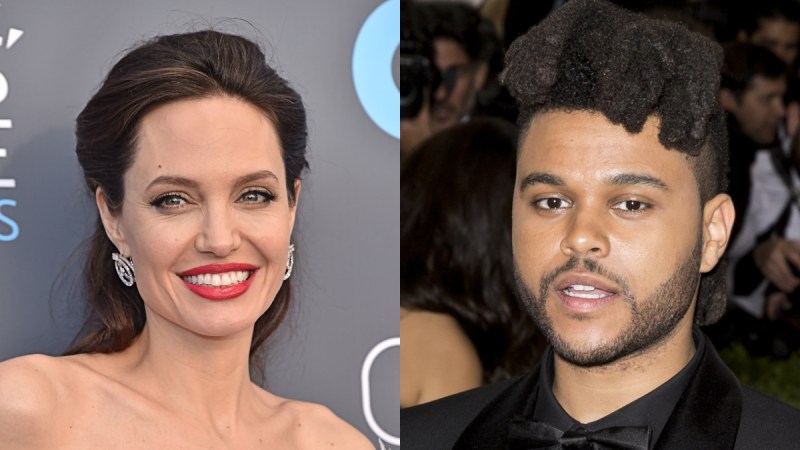 (DFree/Ovidiu Hrubaru/Shutterstock.com) Angelina Jolie smiling in white dress, The Weeknd wearing a black tuxedo
