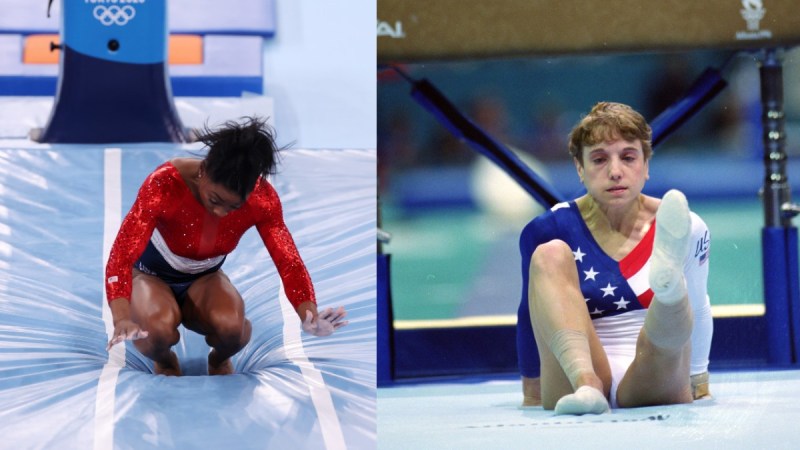 (Left) Simone Biles wobbles during her vault routine at the 2021 Tokyo Olympics. (Right) Kerri Strug holds heer injured foot up after her 1996 Atlanta Olympics vault routine
